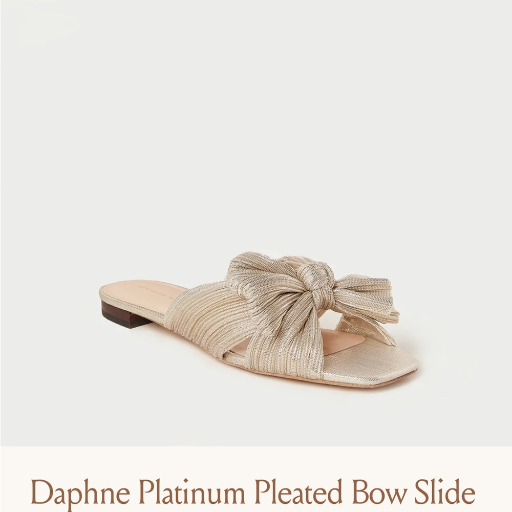 Loeffler Randall “Daphne” platinum pleated bow slides- worn once